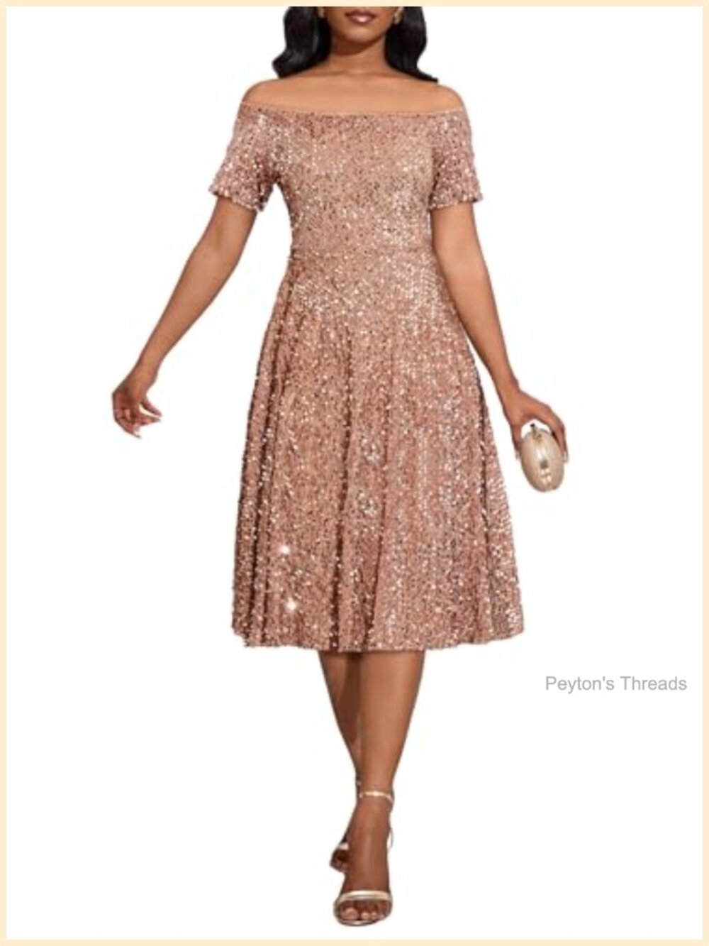 Off Shoulder Sequin Sparkly A-line Midi Cocktail Party Dress